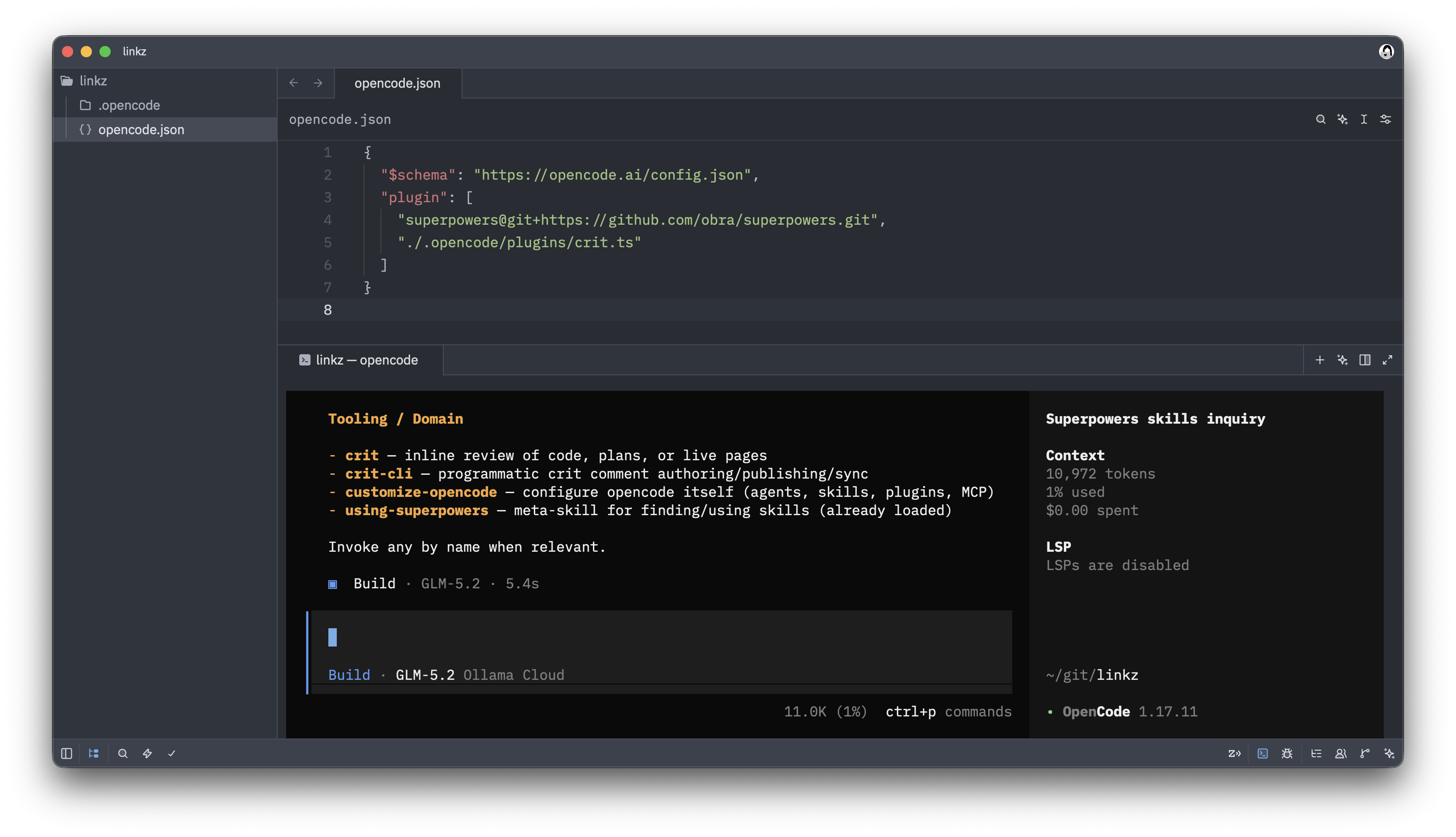 IDE showing opencode.json plugin configuration for Superpowers and Crit, with a terminal panel listing the installed Superpowers skills including requesting-code-review, crit, and crit-cli