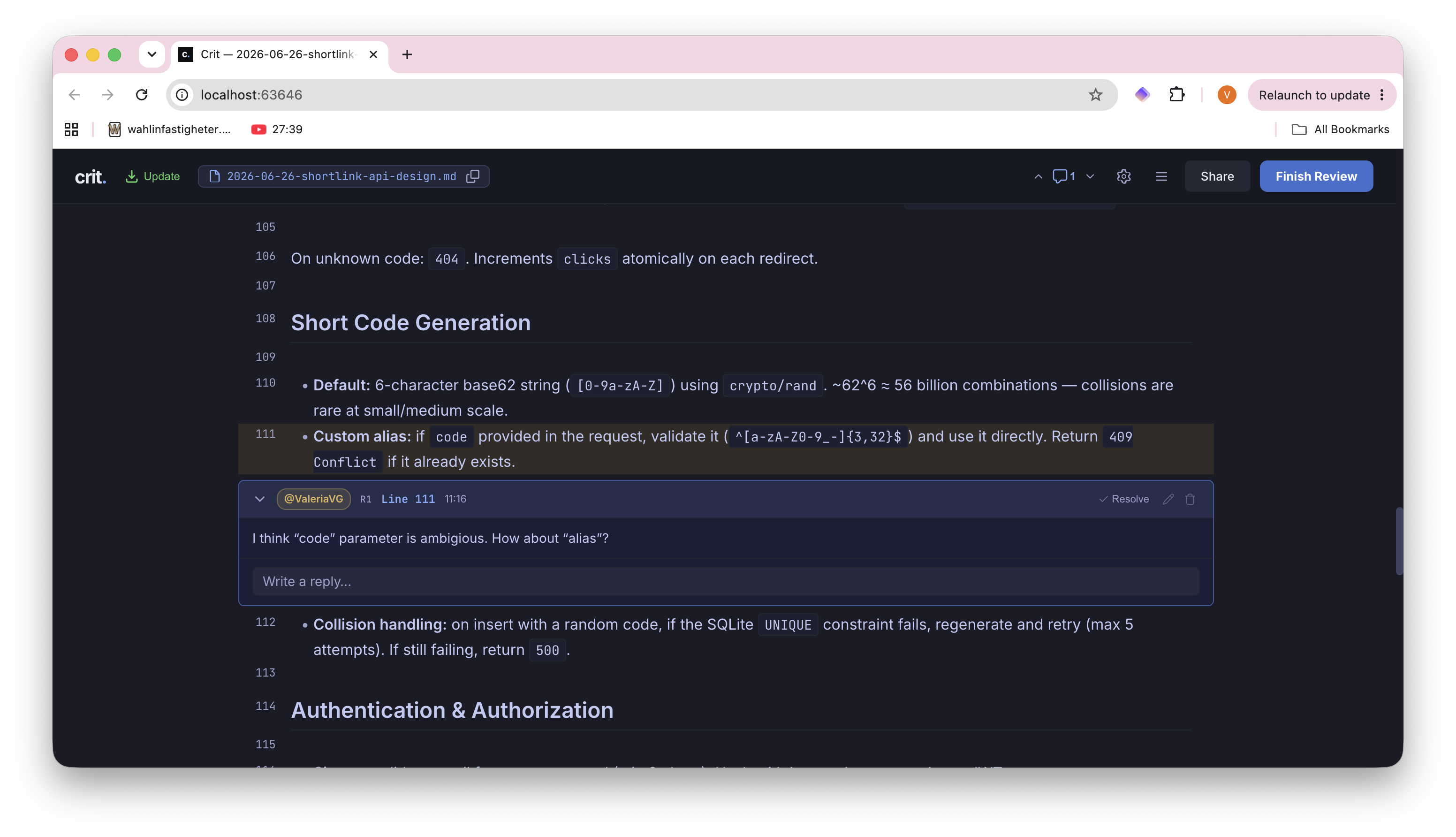 Crit web interface showing an inline review comment on line 111 of a markdown file, with the reviewer suggesting to rename "code" parameter to "alias" for clarity