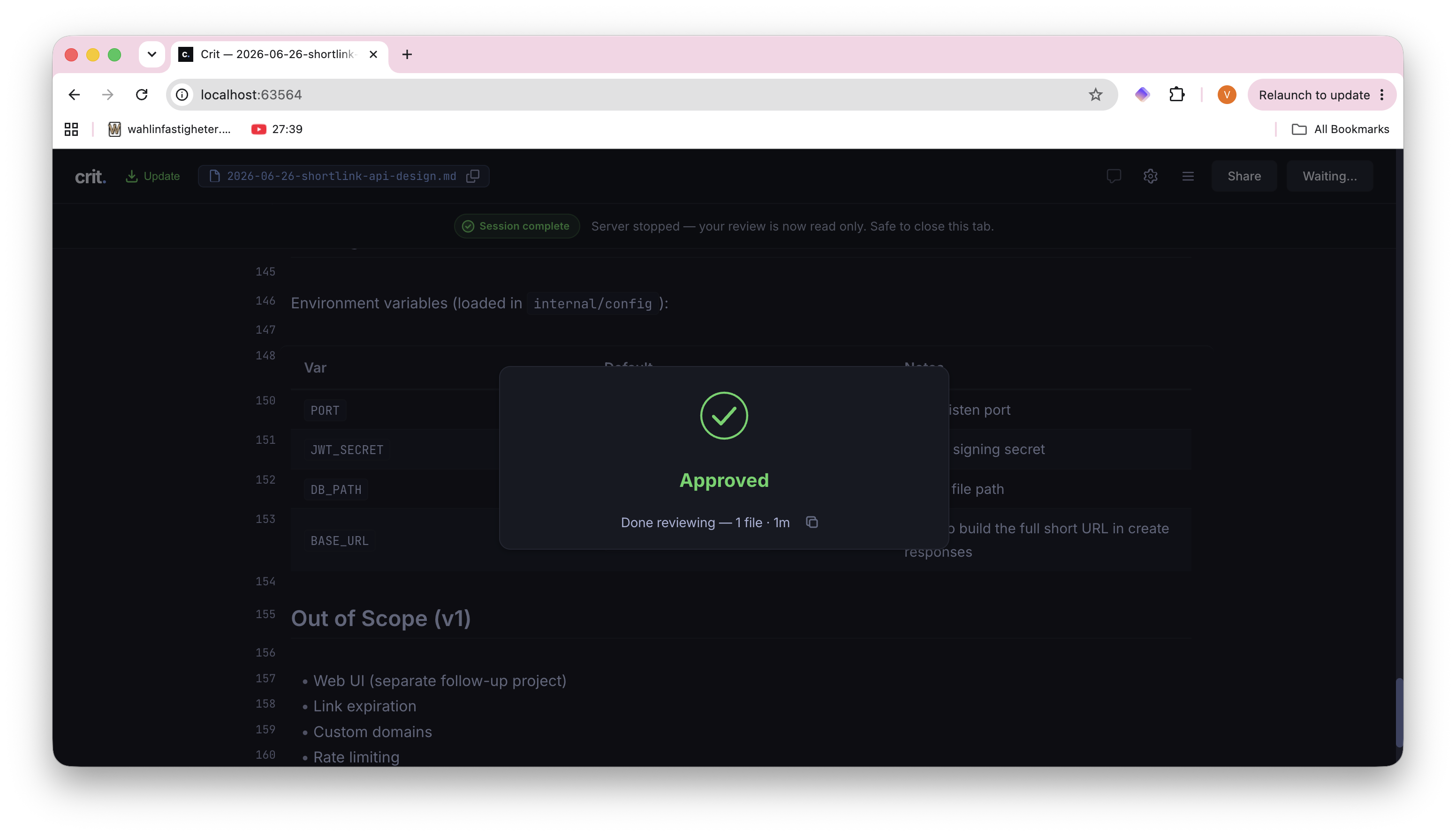 Crit web interface showing the review complete state with a green checkmark and "Approved" modal overlay, indicating the review session is finished and the document is now read-only
