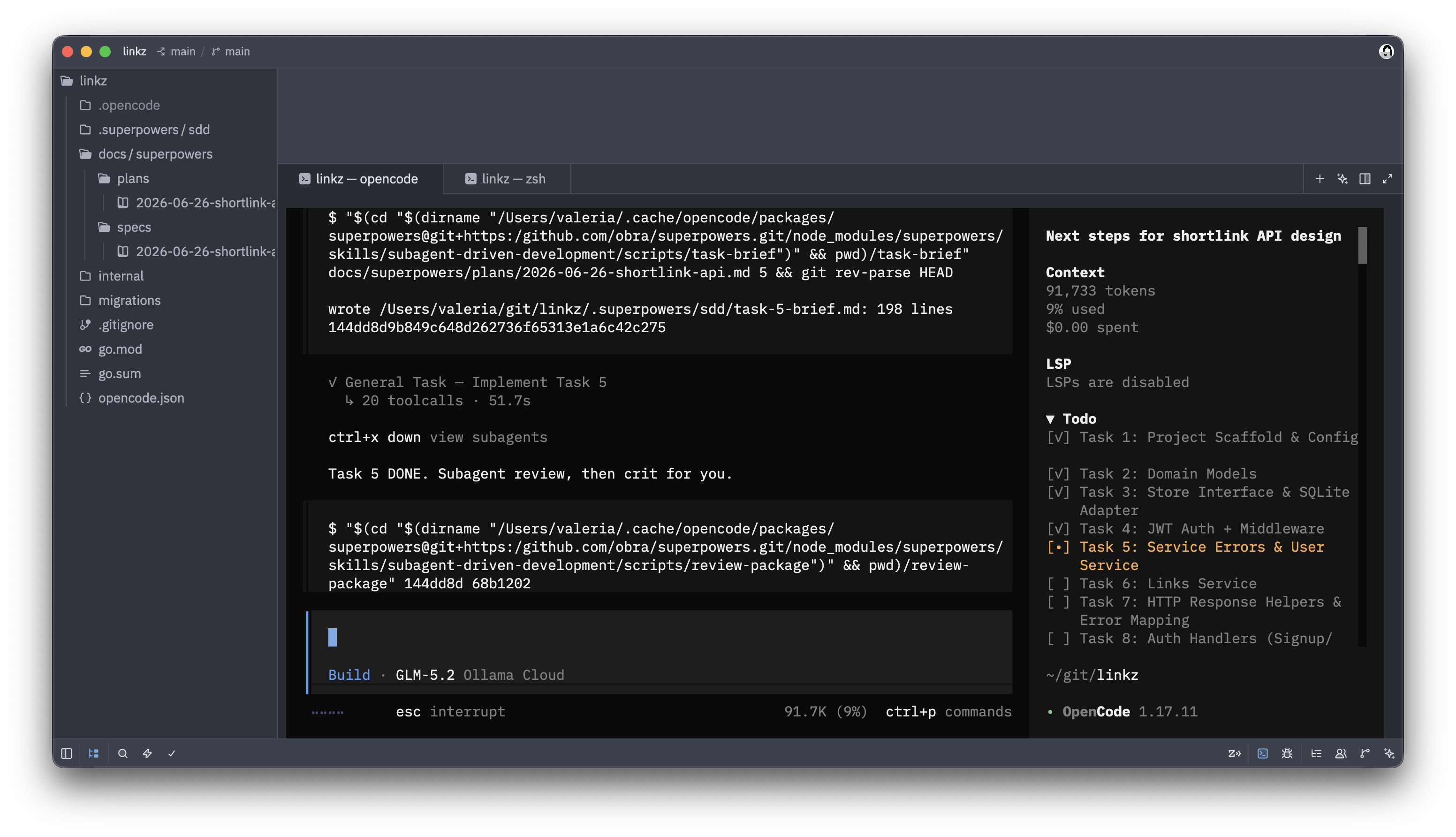 IDE showing OpenCode executing Task 5 from the plan, with terminal output showing the subagent completed the implementation and started the review process, and the todo list tracking progress through 8 tasks