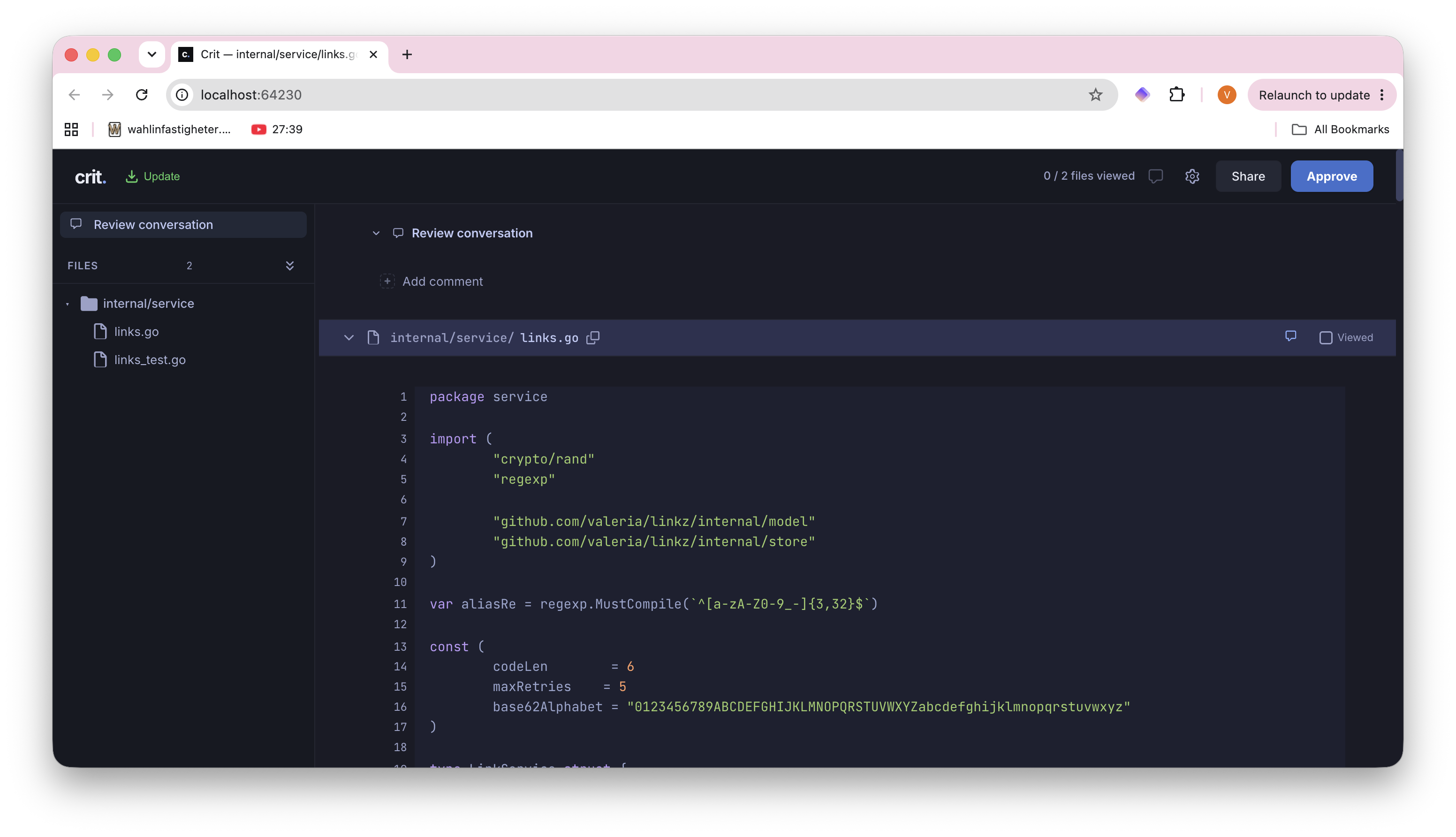 Crit web interface showing a code review of Go source files (links.go and links_test.go) with the file tree on the left, code viewer in the center, and an Approve button in the top right