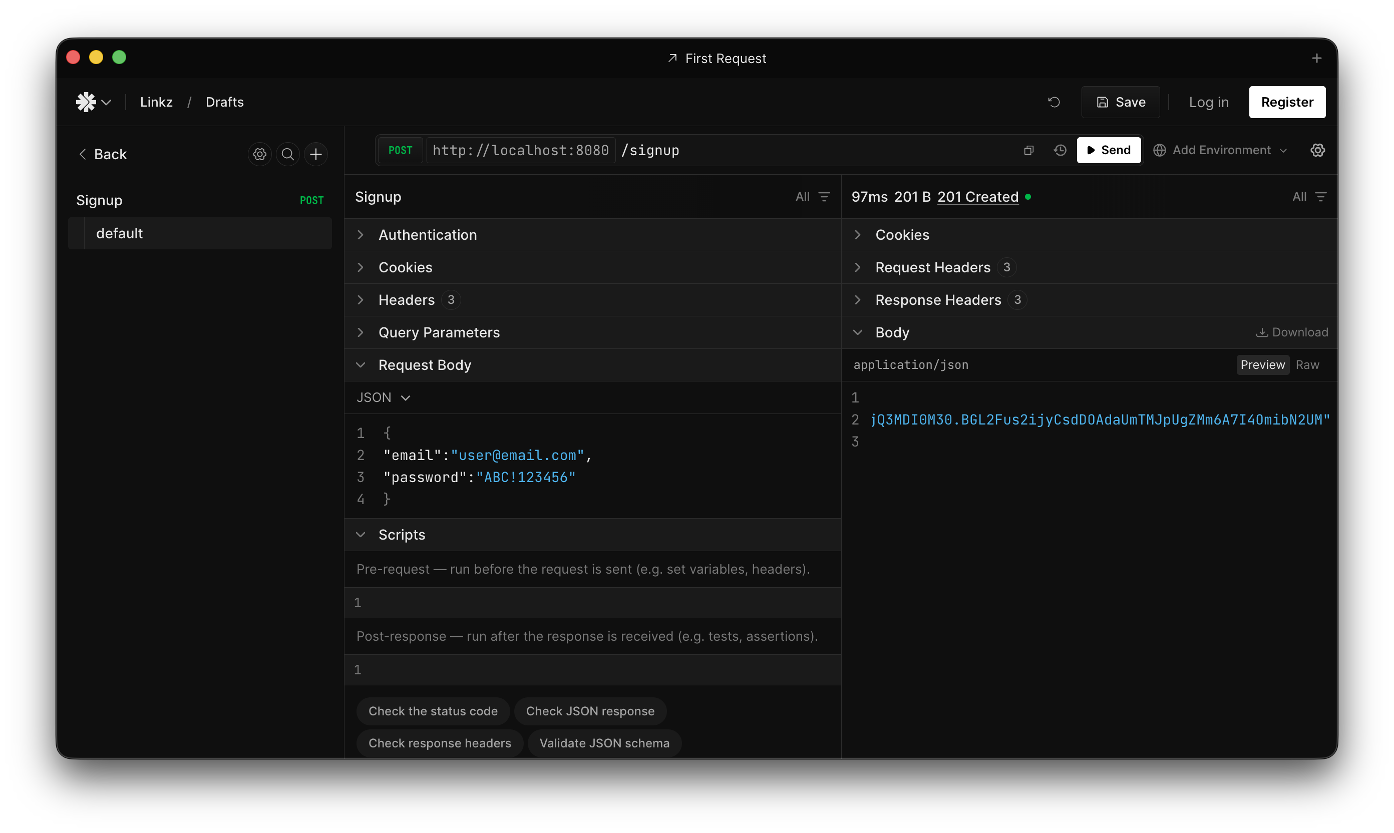 API client showing a POST request to /signup endpoint with email and password in the request body, returning 201 Created with a JWT token in the response body