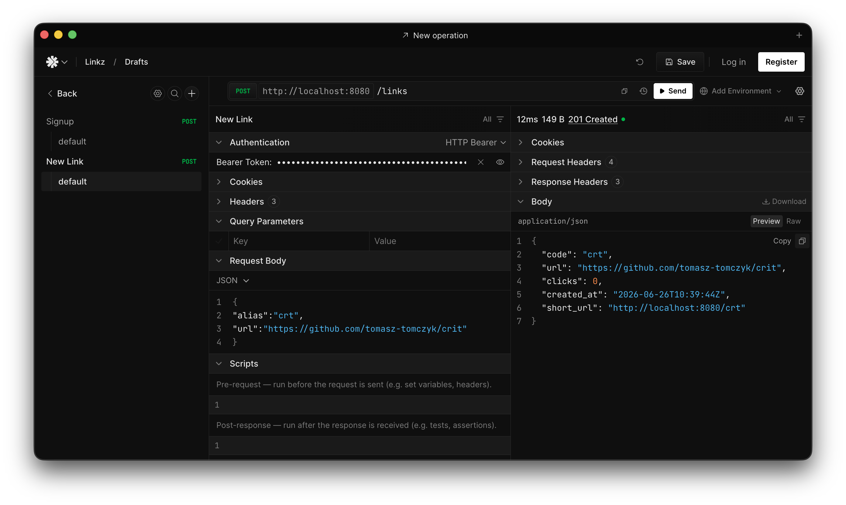 API client showing a POST request to /links endpoint with Bearer token authentication, sending alias and URL in the request body, and receiving 201 Created with the short URL response including code, clicks, created_at timestamp, and short_url