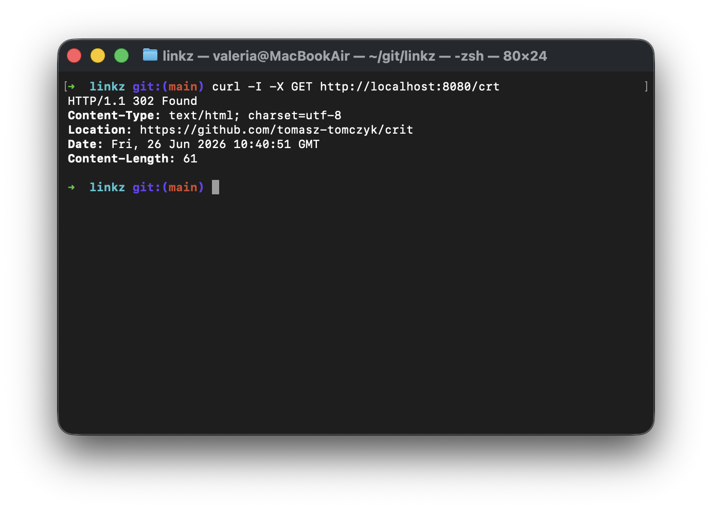 Terminal showing curl command testing the short link redirect: curl -I -X GET http://localhost:8080/crt returns HTTP 302 Found with Location header pointing to https://github.com/tomasz-tomczyk/crit