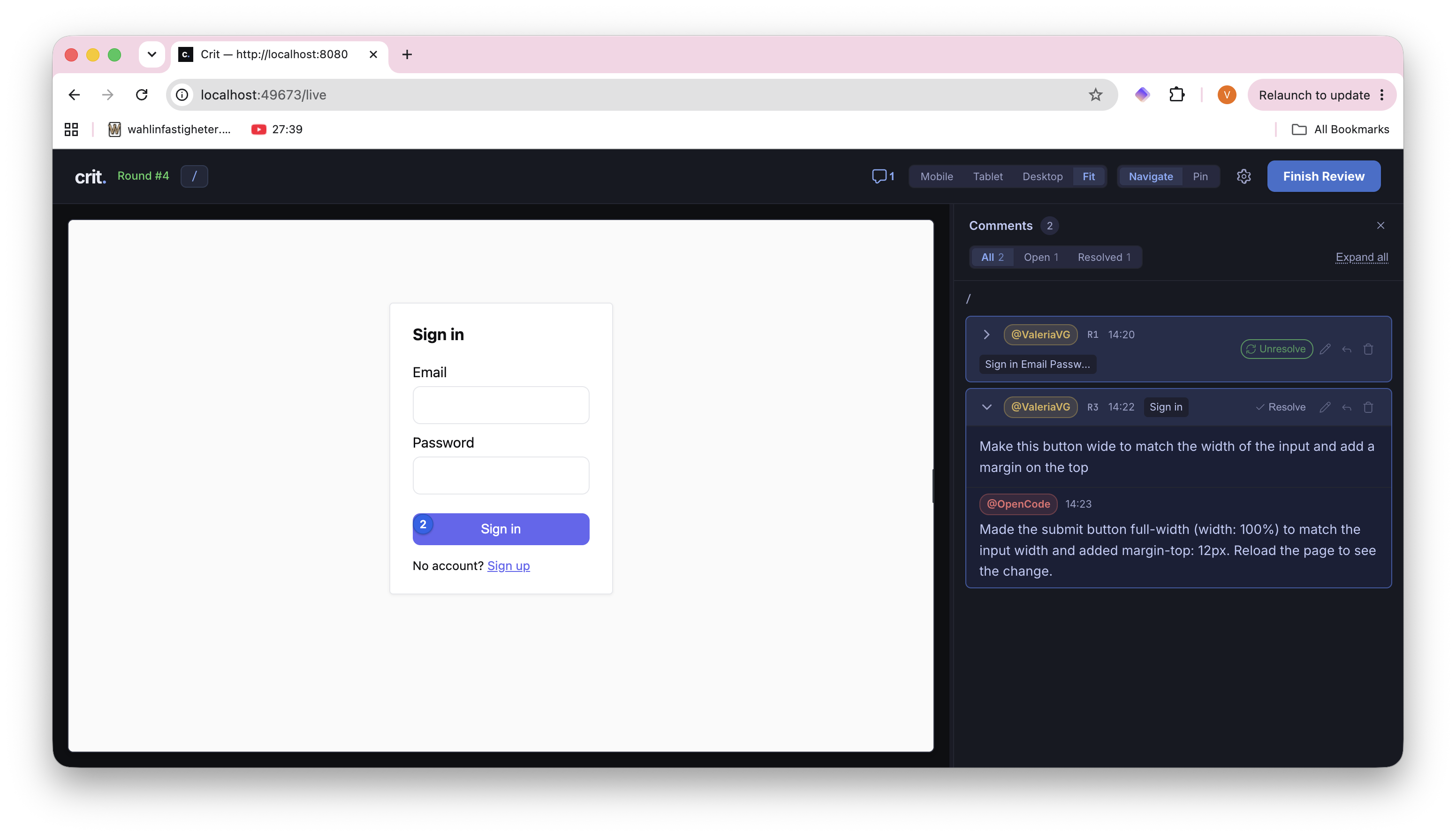 Crit live mode showing a visual review of a sign-in page with email and password fields, with the comments panel on the right showing feedback about button styling and the agent's response about making it full-width