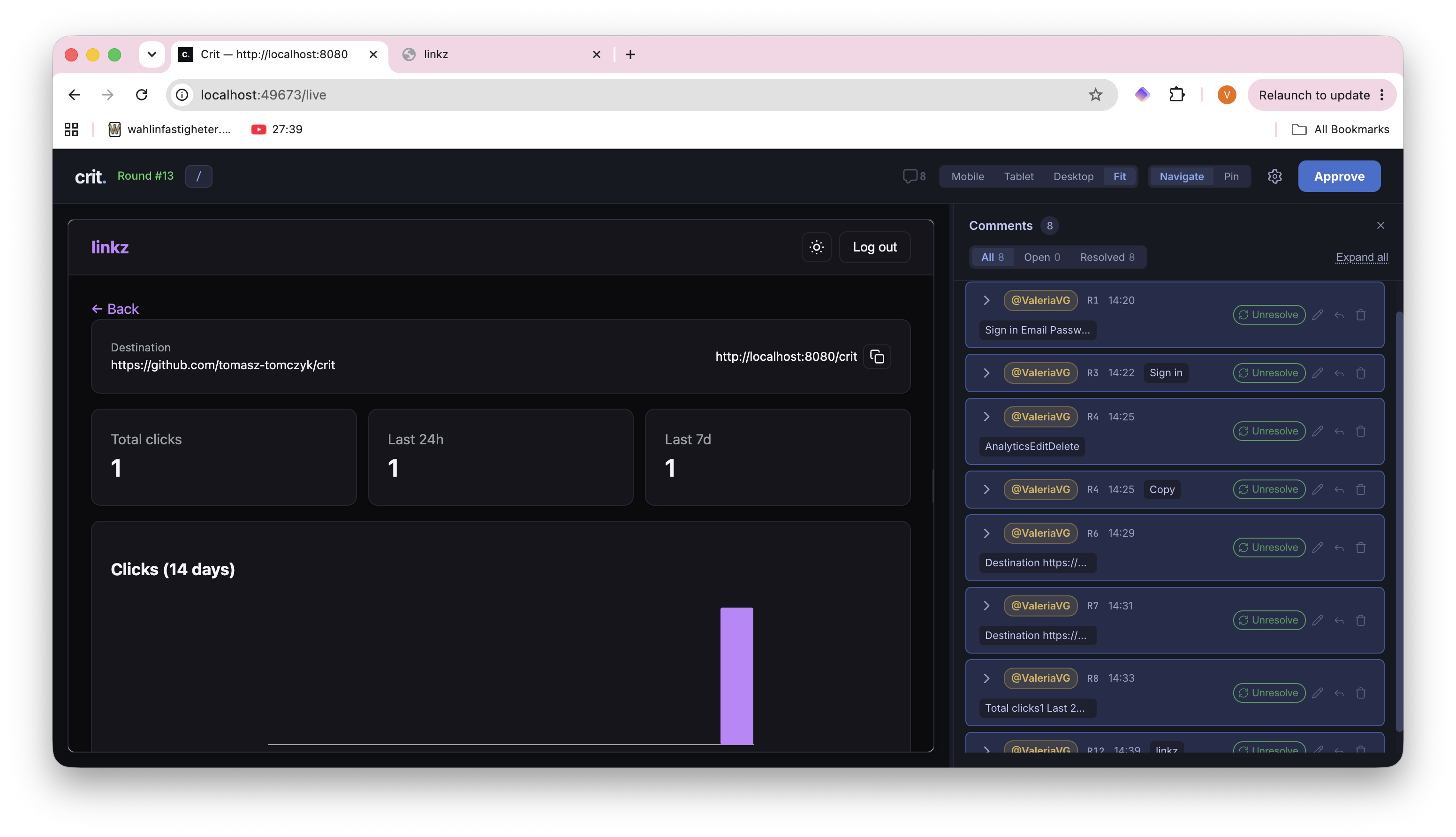 Crit live mode showing the final review of the linkz dashboard with analytics (total clicks, last 24h, last 7d stats and 14-day chart), with the comments panel on the right showing 8 resolved review comments